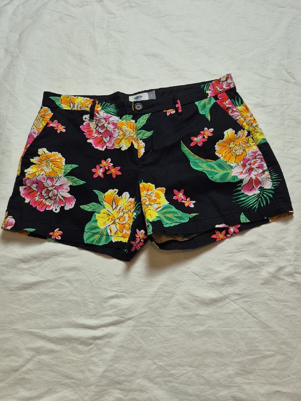 Old Navy Black Floral Jean Shorts with Yellow & Pink Flowers